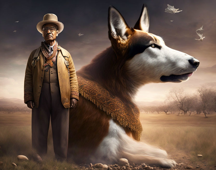 Surreal image: large dog with man's body in desert landscape