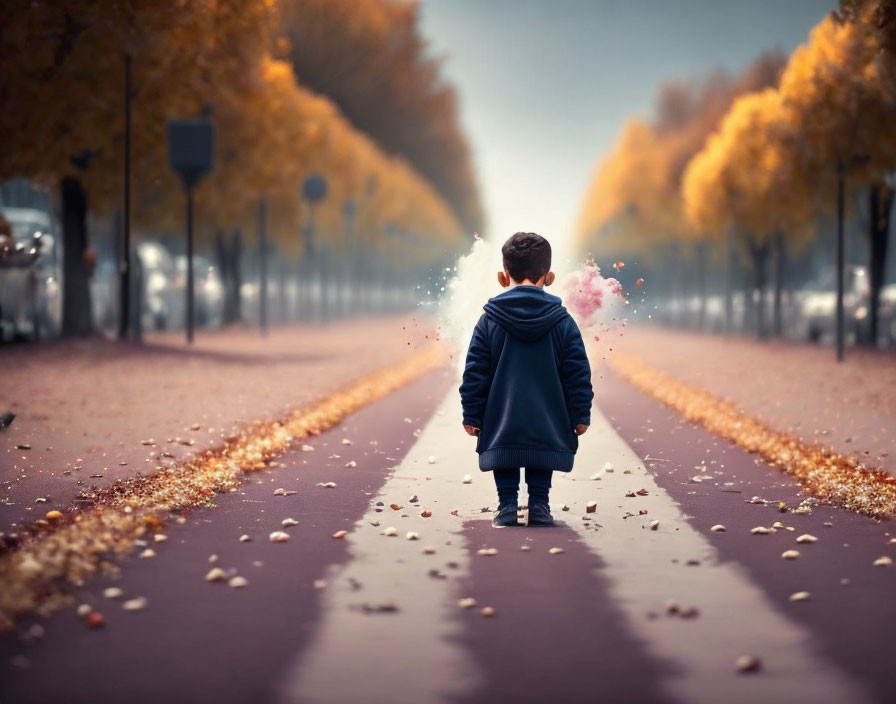 Child in Blue Hoodie Walking Down Autumn Path with Magical Vibe