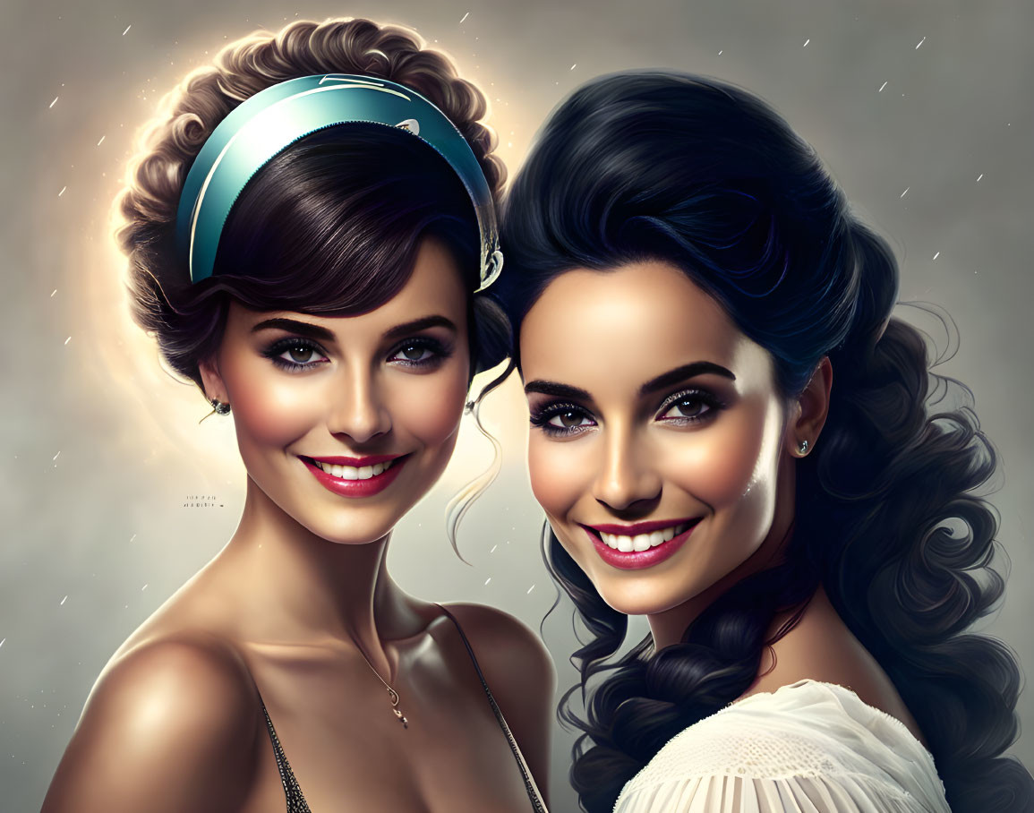 Two women with elegant hairstyles and makeup smiling against a sparkly brown background, showcasing vintage glamour.