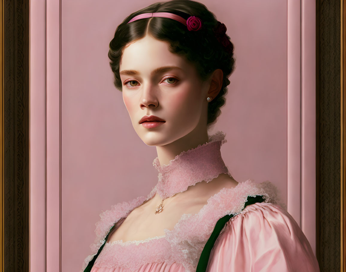 Victorian woman portrait in pink dress with rose and lace collar