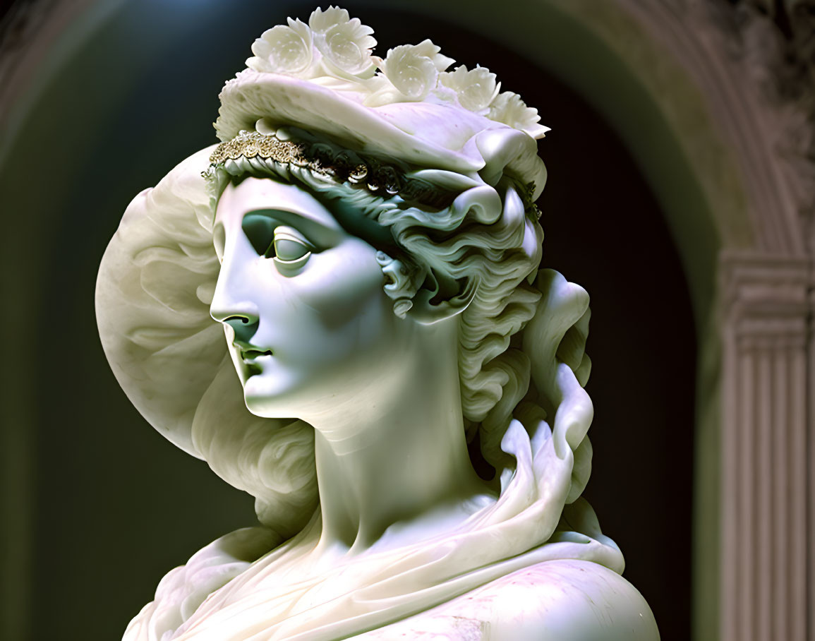 Intricate Marble Sculpture of Woman with Headband and Roses