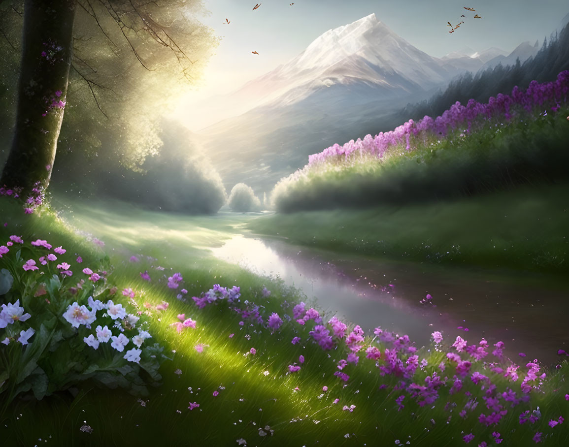 Tranquil landscape with sunlit river, blooming flowers, greenery, and distant snow-c