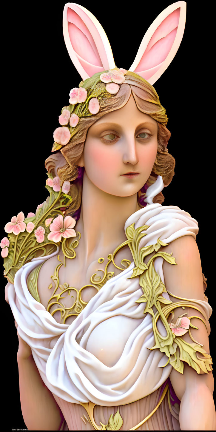 Digital artwork: Woman with bunny ears and floral vines, draped in classical attire on black background