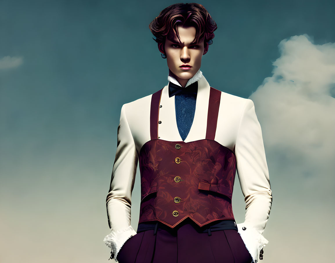 Mannequin in Vintage Burgundy Waistcoat and Bow Tie against Light Blue Sky