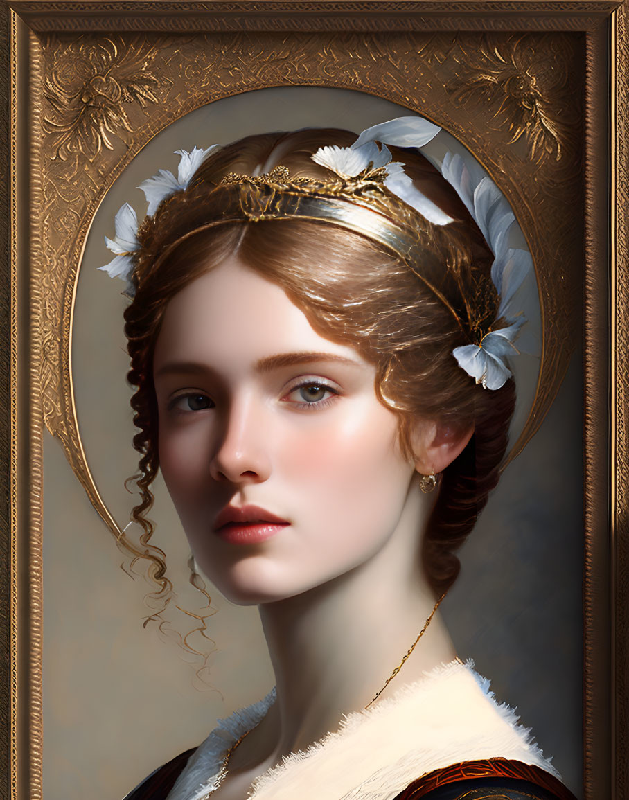Young woman portrait with golden headpiece and white feathers in ornate frame