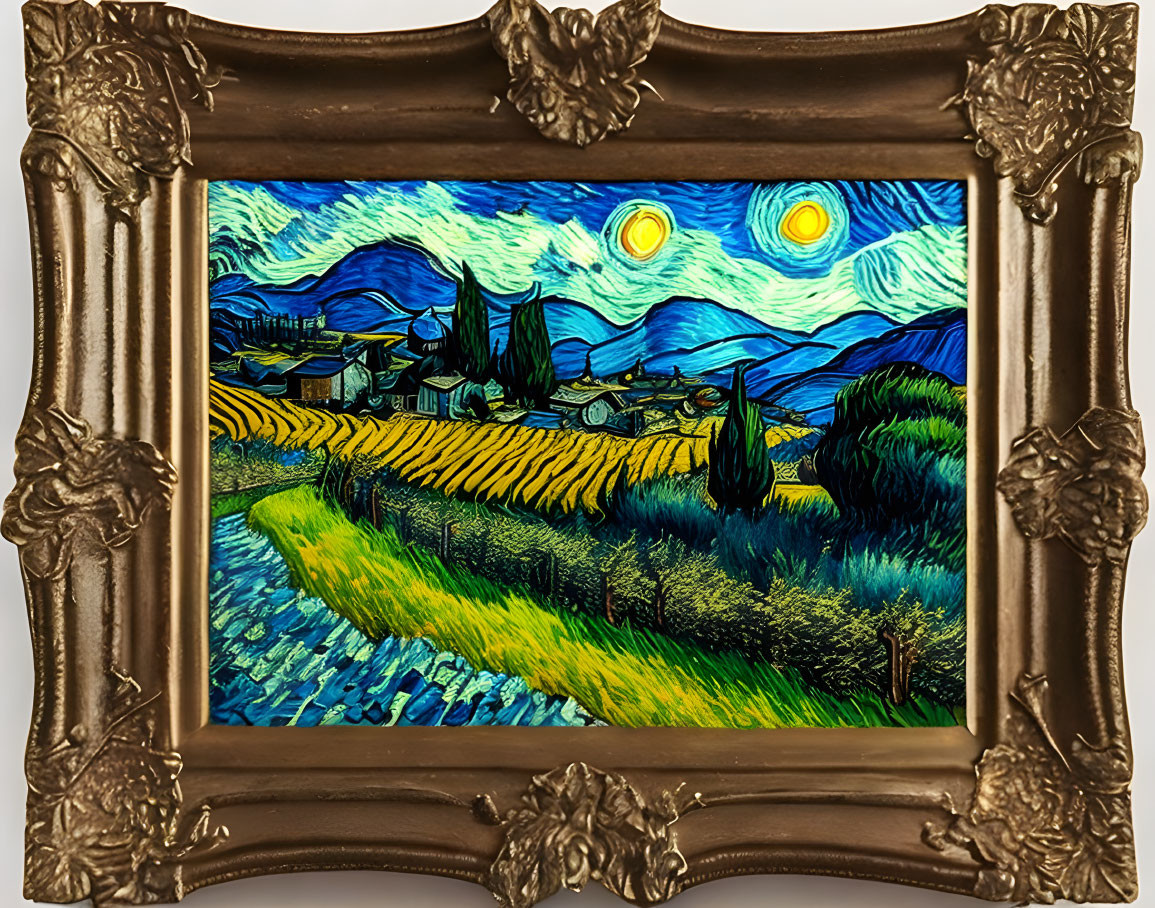 Golden Frame Surrounds Starry Night Painting
