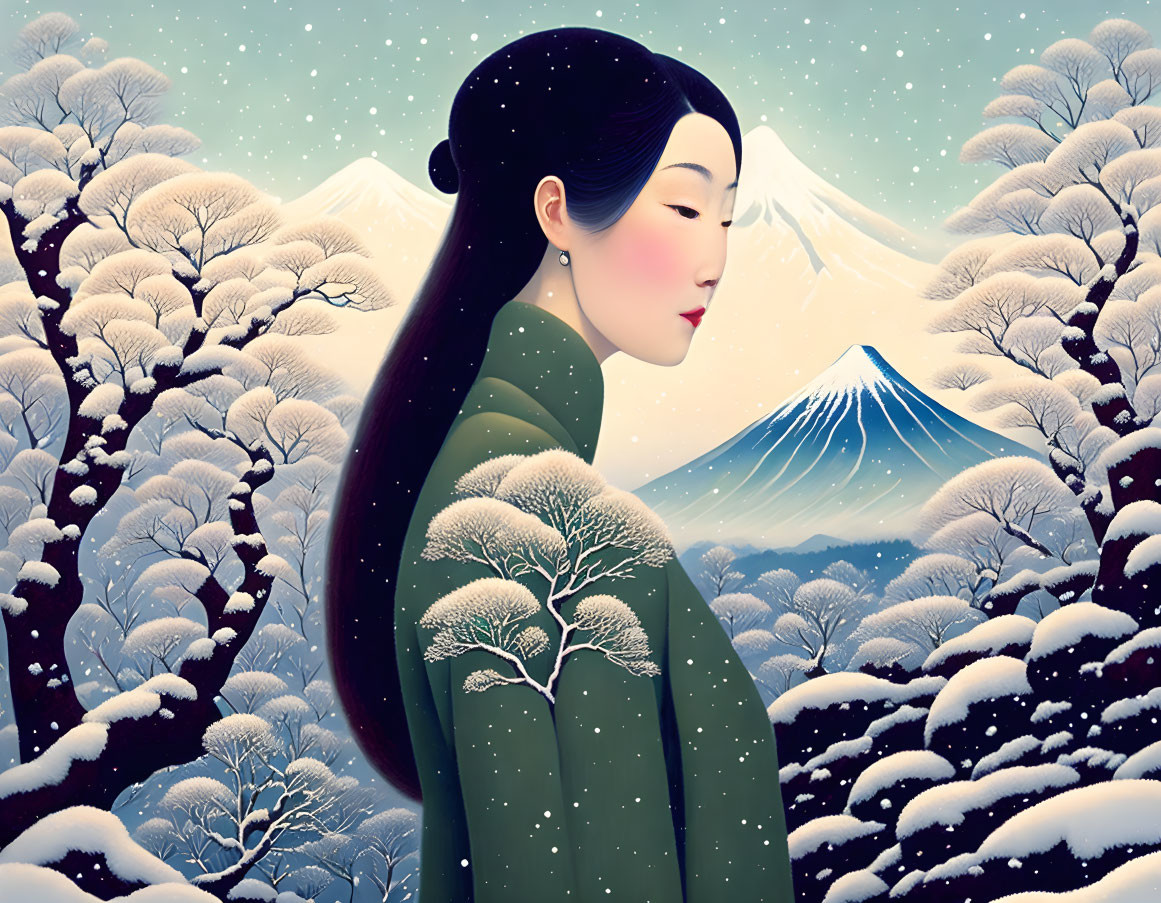 Traditional attire woman in serene pose with Mount Fuji in snow-covered landscape