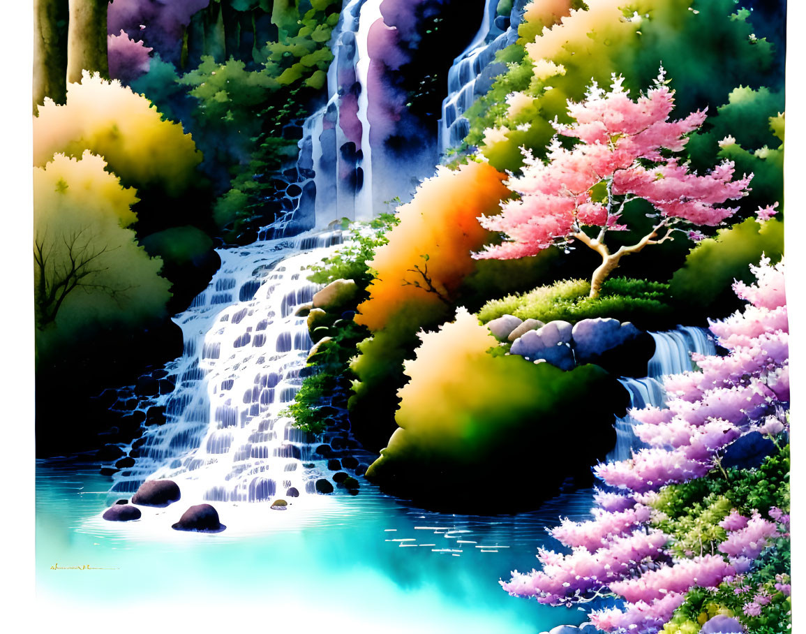 Vibrant painting of serene waterfall in lush foliage