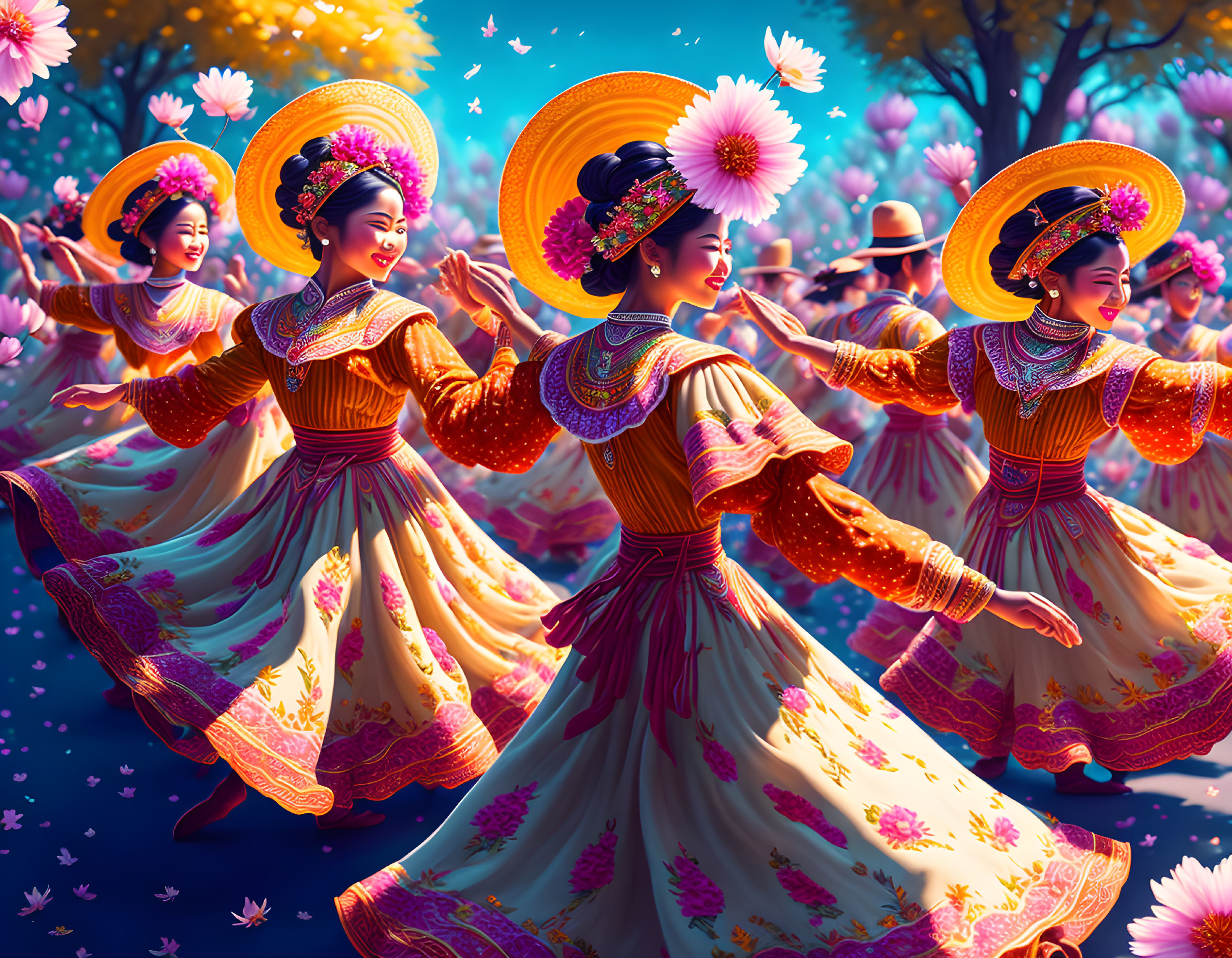 Women in ornate dresses dancing among cherry blossoms.