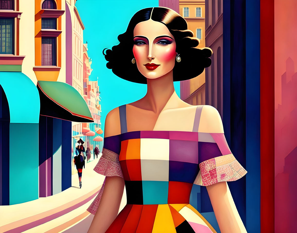Stylized woman with bobbed hair in colorful dress on vibrant city street.