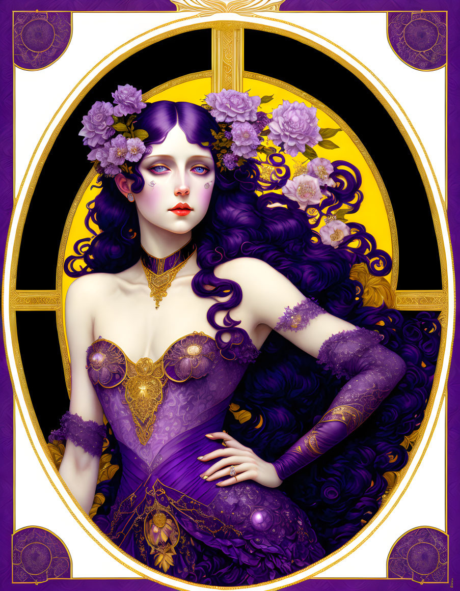 Art Nouveau Woman Illustration with Purple Hair and Floral Adornments