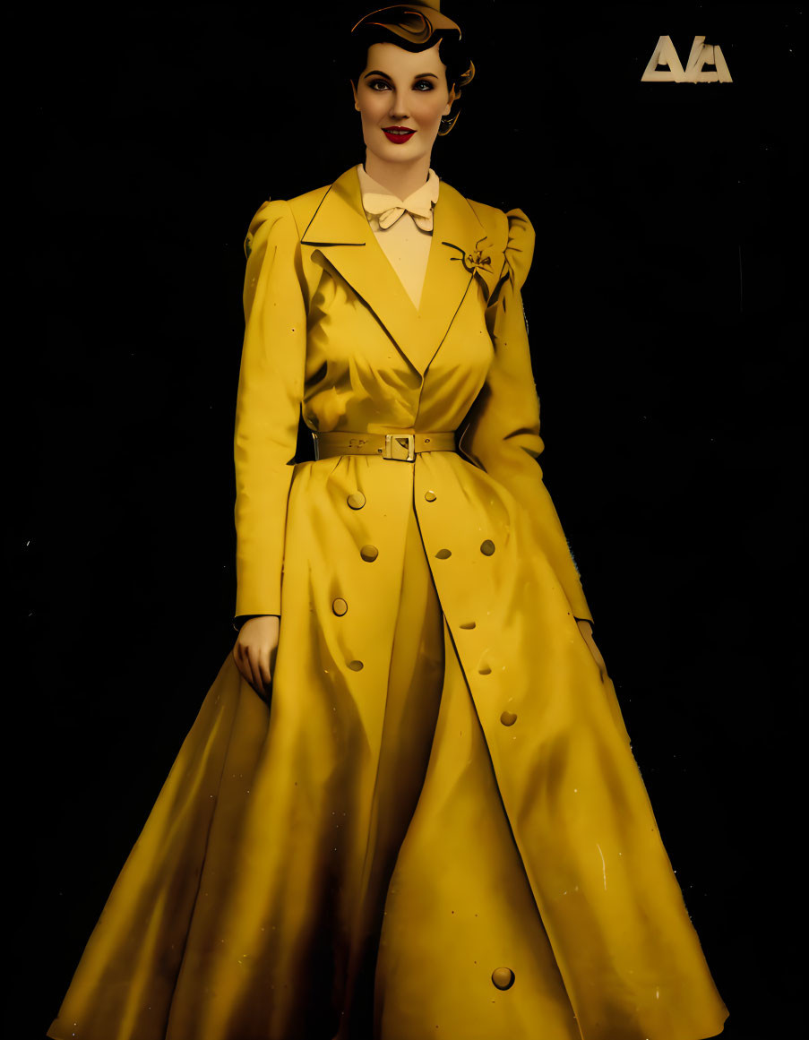 Elegant vintage woman in yellow double-breasted coat poster