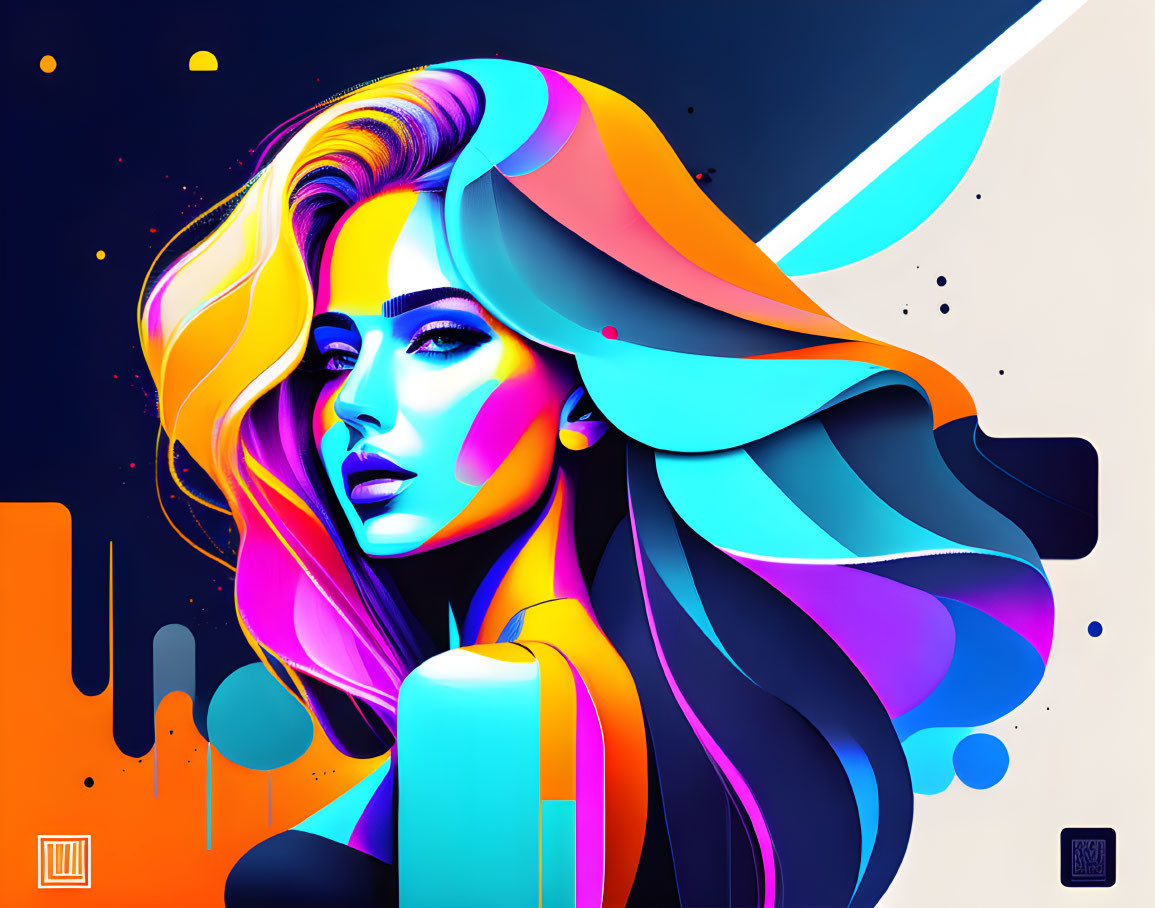 Colorful digital portrait of a woman with flowing neon hair on cosmic background.