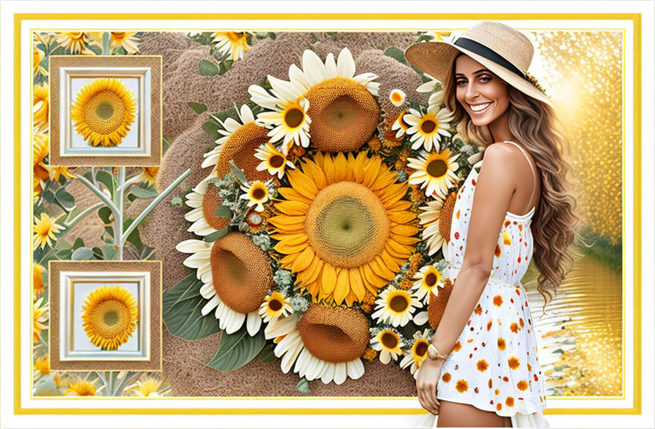 Smiling woman in summer hat and sunflower dress among vibrant sunflower collage