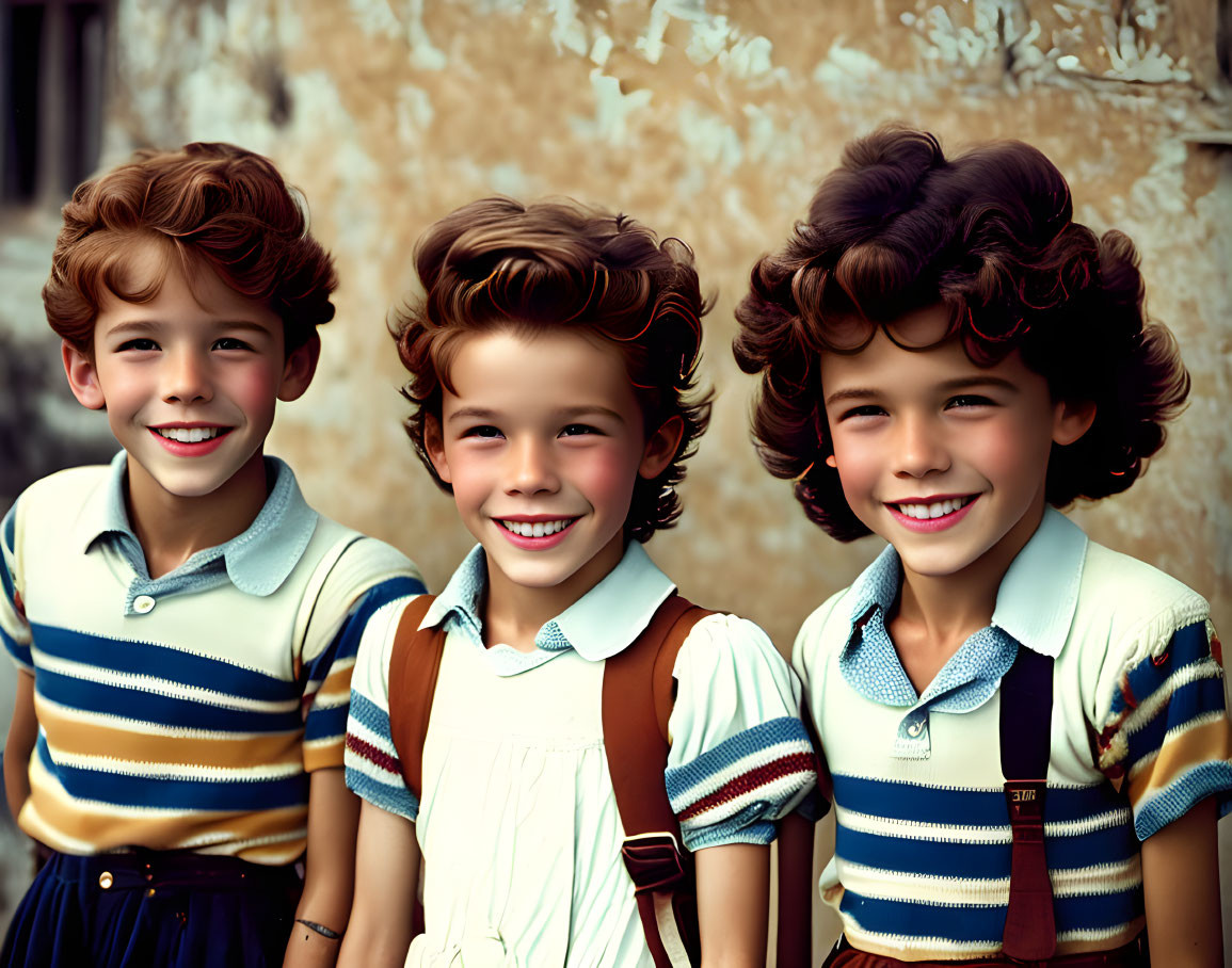 Three smiling children in vintage attire against weathered wall