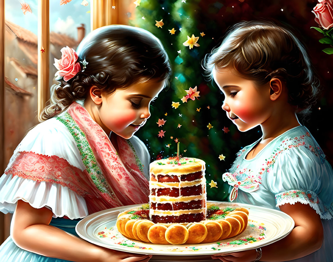 Young girls in vintage dresses with festive Christmas cake and decorations.