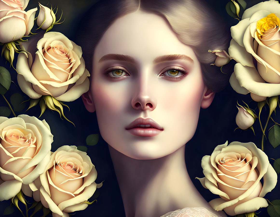 Portrait of woman with pastel yellow roses on dark background