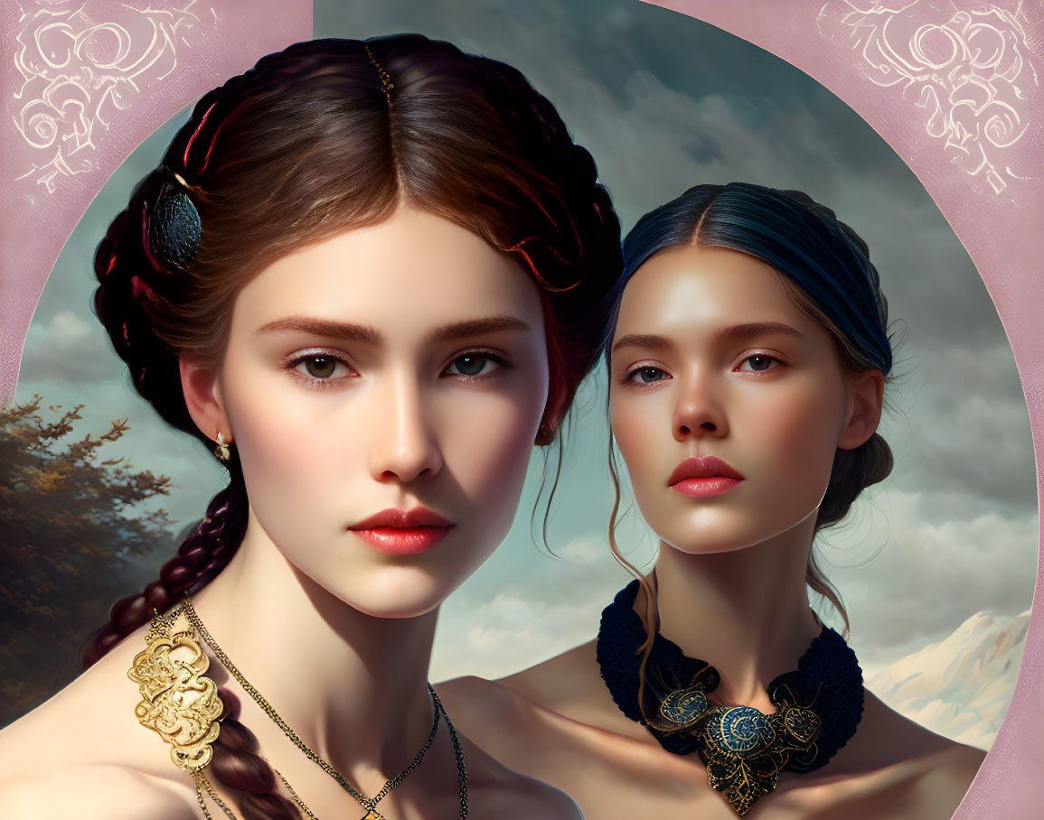 Two women with braided hair and ornate necklaces in digital art against nature backdrop