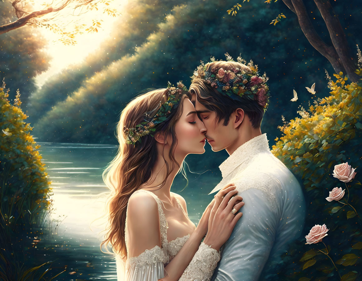 Romantic couple illustration in forest with floral crowns
