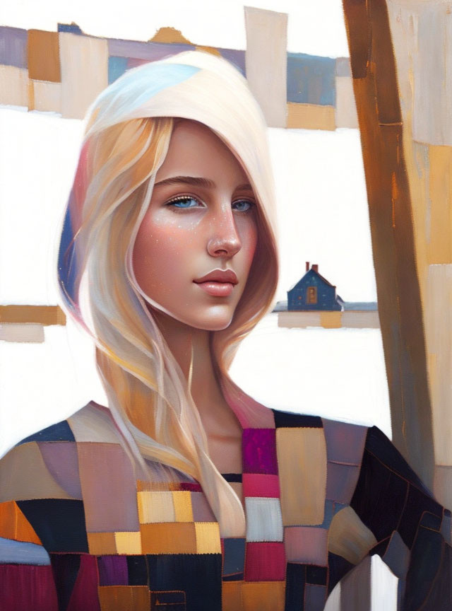 Blonde Woman Portrait with Blue Eyes and Patchwork Coat