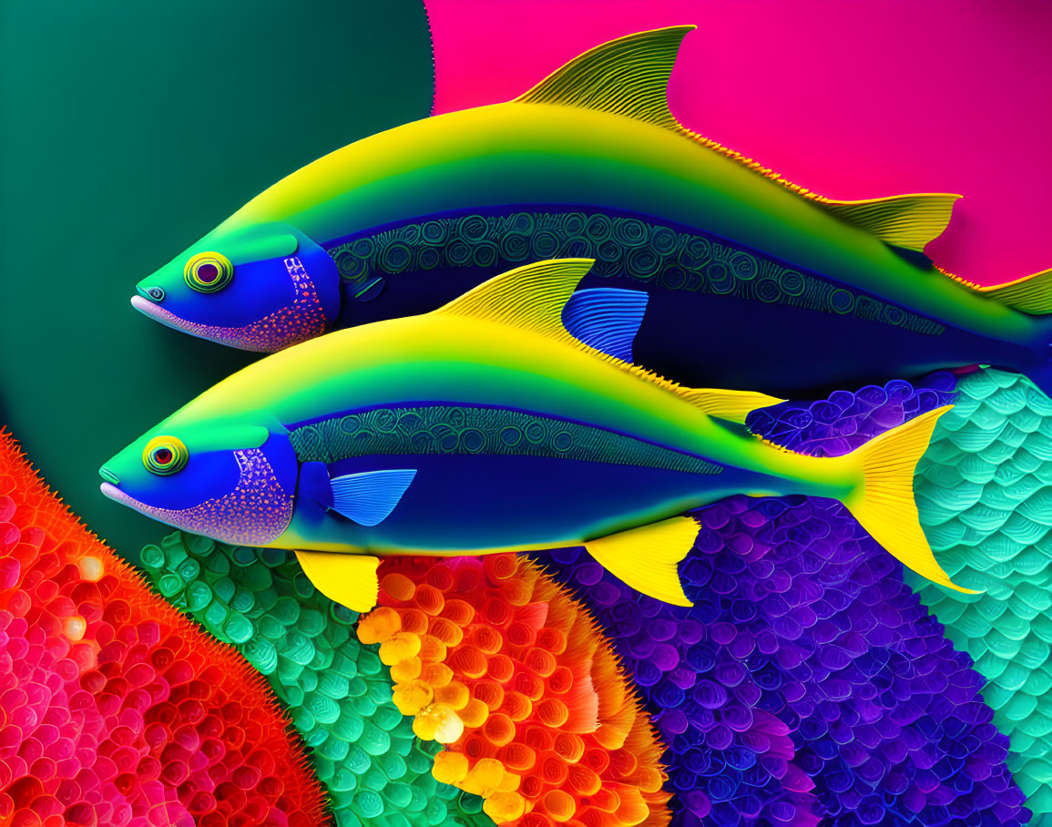 Colorful Tropical Fish Swimming in Vivid Red and Green Background