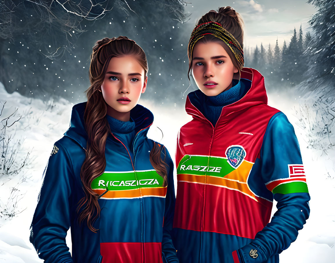 Two women in colorful winter sportswear in snowy forest.
