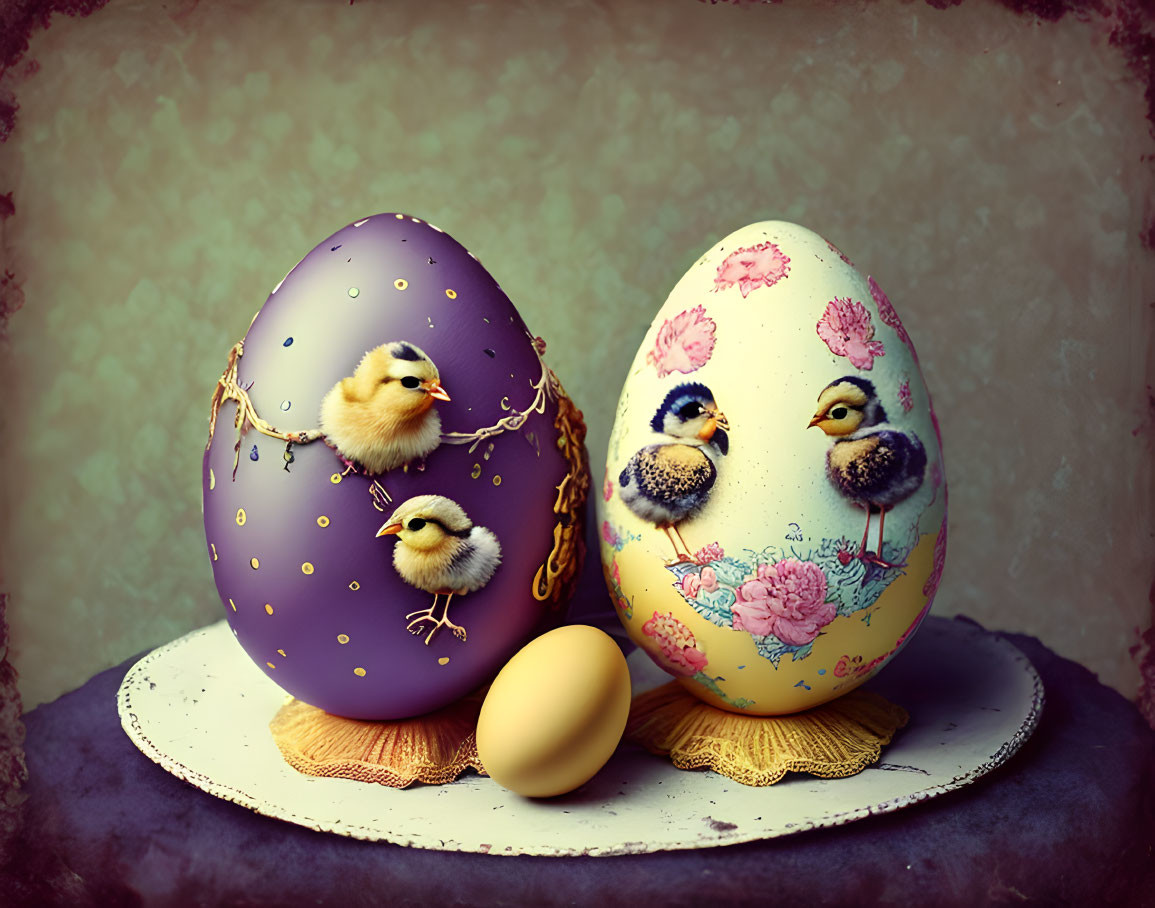 Decorative Easter eggs with chick illustrations and real chicks perched nearby