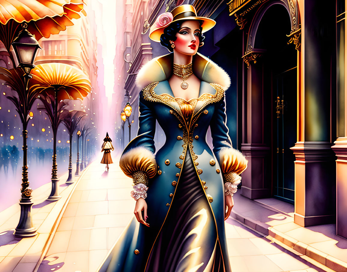 Vintage Blue Coat with Gold Details on Elegant Woman Walking in Stylish City Scene