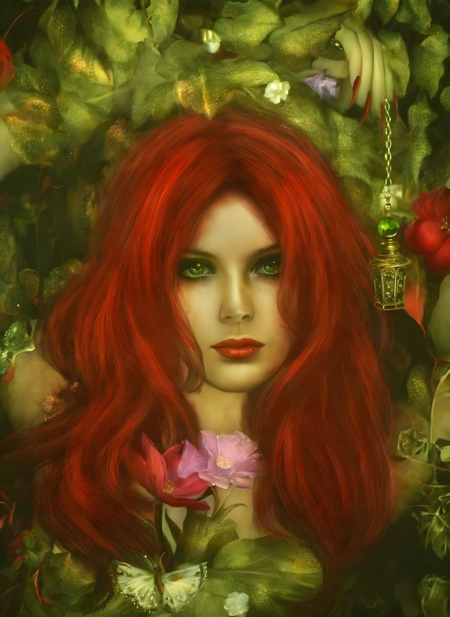 Vibrant artwork featuring woman with red hair and green eyes in lush foliage