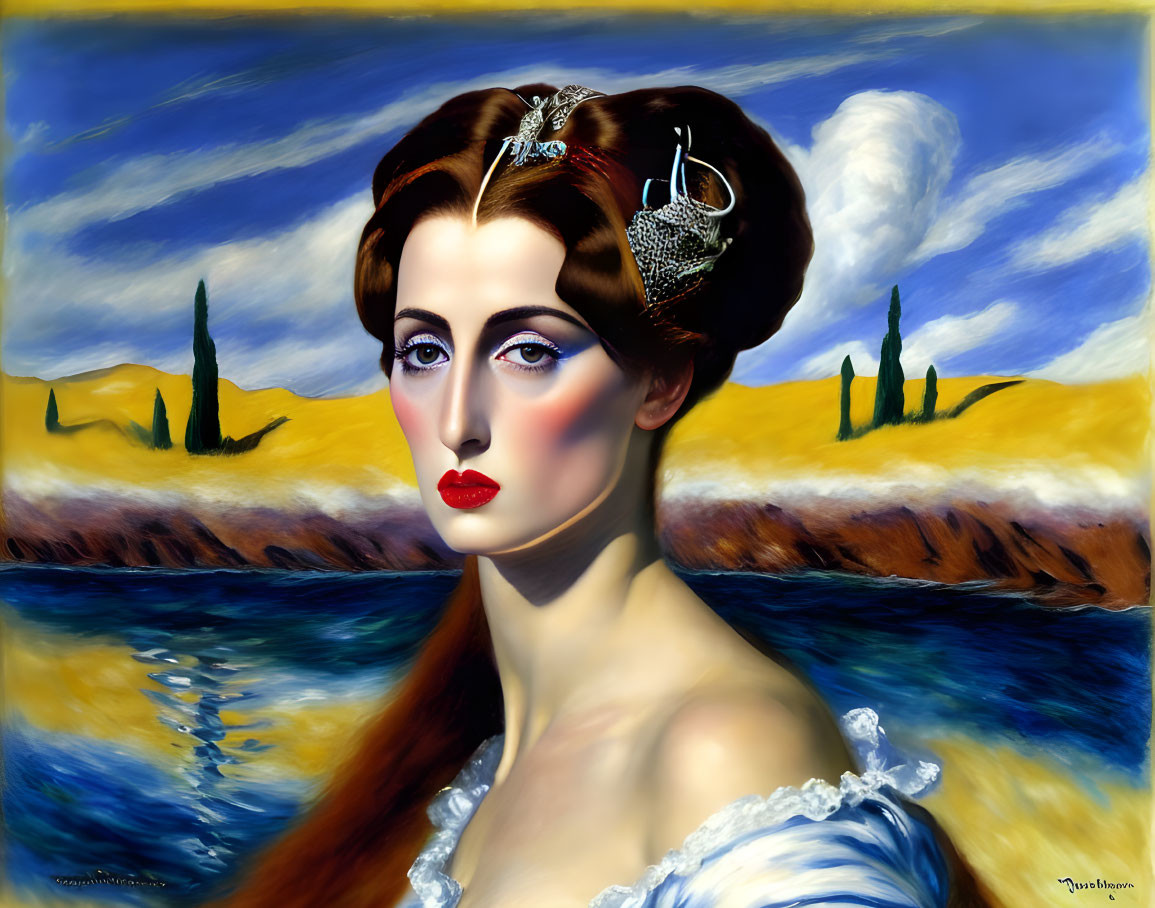 Exaggerated features on woman in surreal landscape