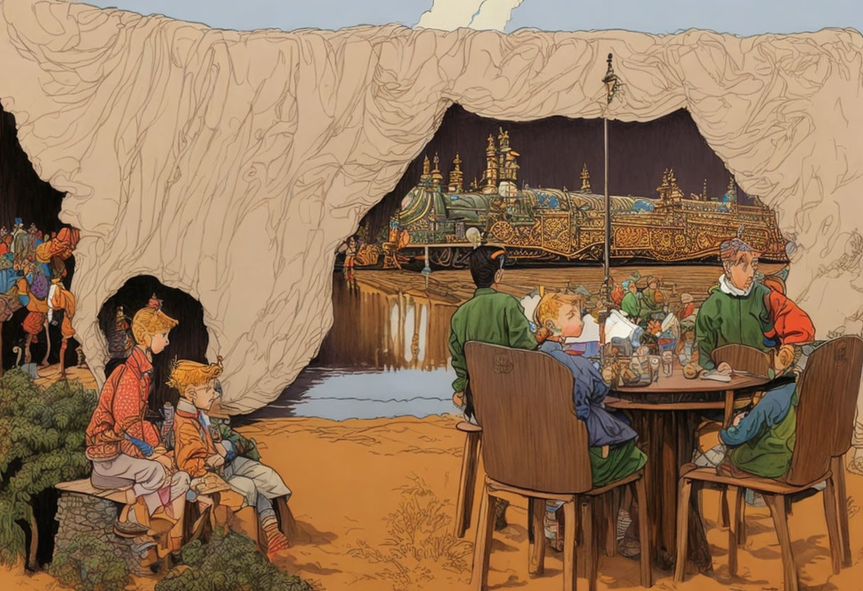 Illustrated scene of people dining with fantasy cityscape through cave opening
