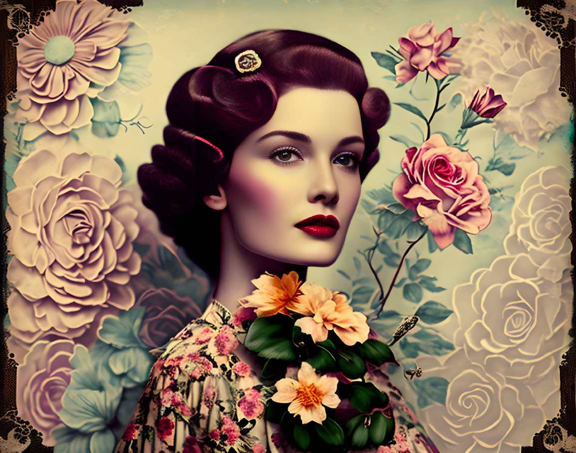 Vintage-Style Portrait of Woman with Elegant Hair, Makeup, and Floral Adornments