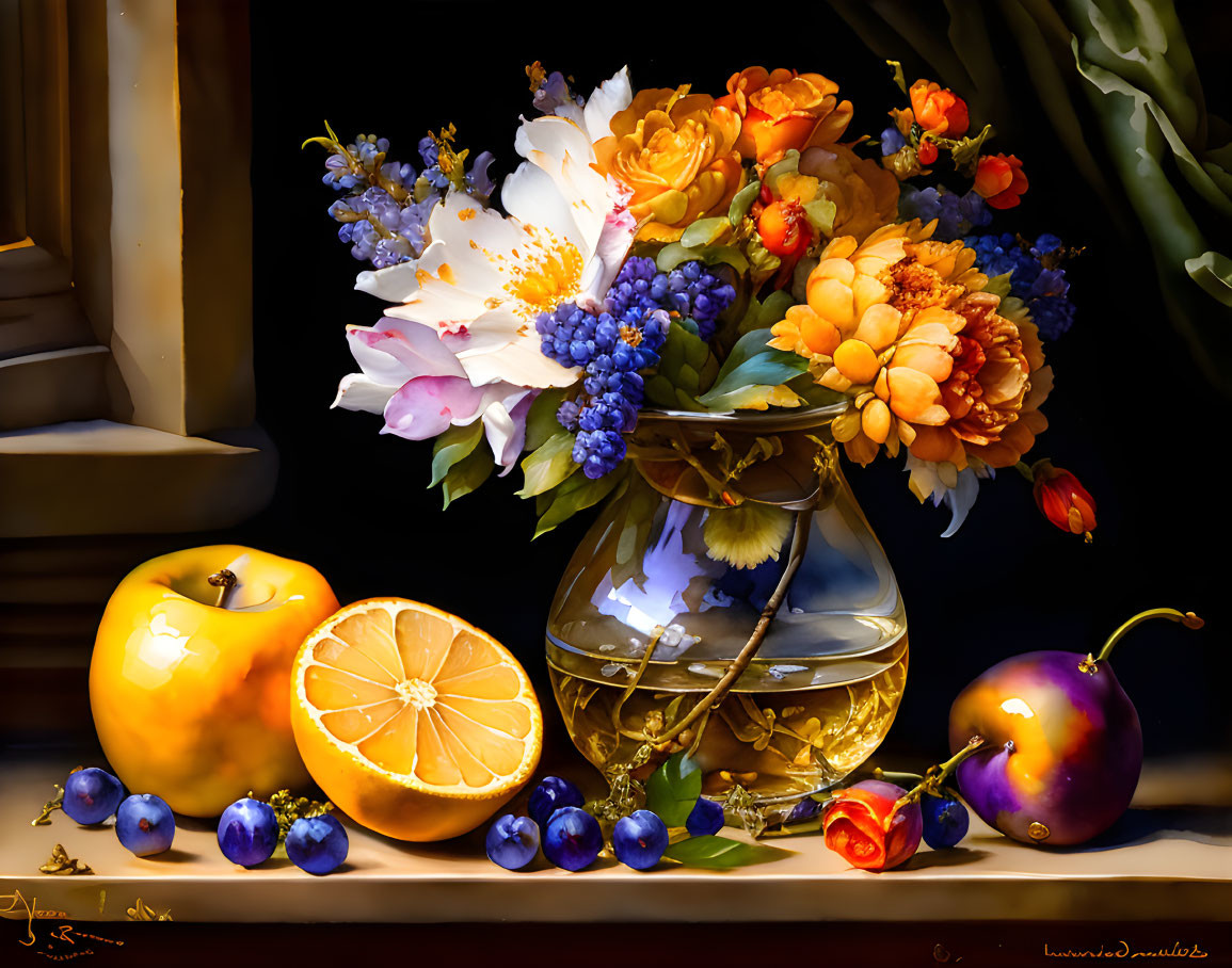 Colorful Still Life Painting with Flowers, Fruits, and Berries