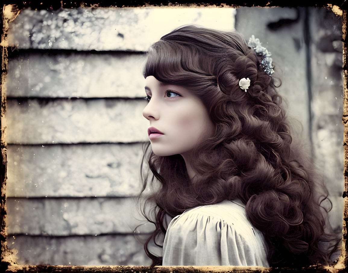 Vintage hairstyle portrait of woman with curls and floral accessory on textured background