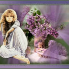 Young girl in white surrounded by vibrant purple flowers in fantasy artwork