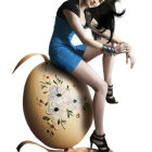 Colorful Easter-themed image with woman on giant egg surrounded by painted eggs