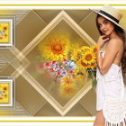 Smiling woman in summer hat and sunflower dress among vibrant sunflower collage