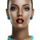 Young female portrait with serene expression, turquoise earrings, and flowery necklace on light background