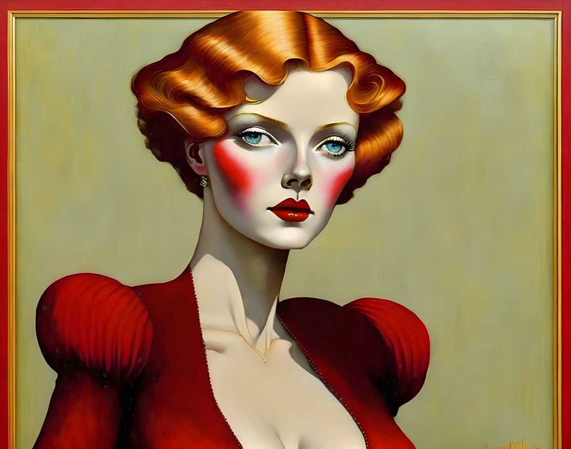 Illustrated portrait of a woman with red hair, dramatic makeup, blue eyes, and red lipstick on