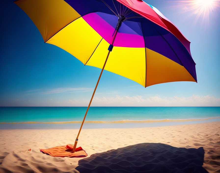 Vibrant beach umbrella on sandy shore with blue ocean backdrop