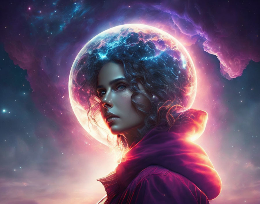 Contemplative woman with cosmic backdrop and glowing planet.