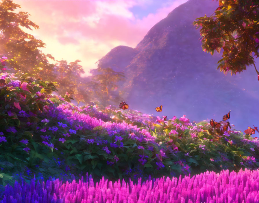 Colorful garden with purple and pink flowers, butterflies, and mountains at sunset