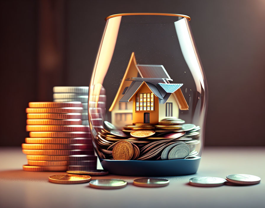 Glass jar with coins and house model symbolizing real estate savings