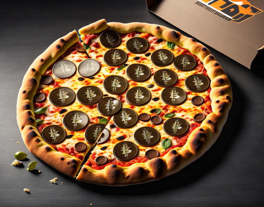 Pepperoni pizza with Bitcoin tokens on dark surface next to open box
