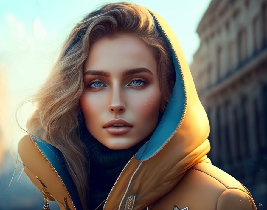 Digital Portrait: Woman with Blue Eyes & Blonde Hair in Yellow Hooded Jacket