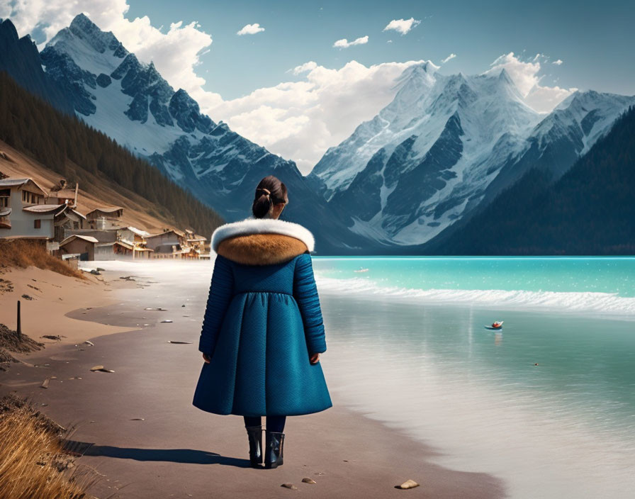 Person in blue coat gazes at turquoise lake with snowy mountains and buildings.