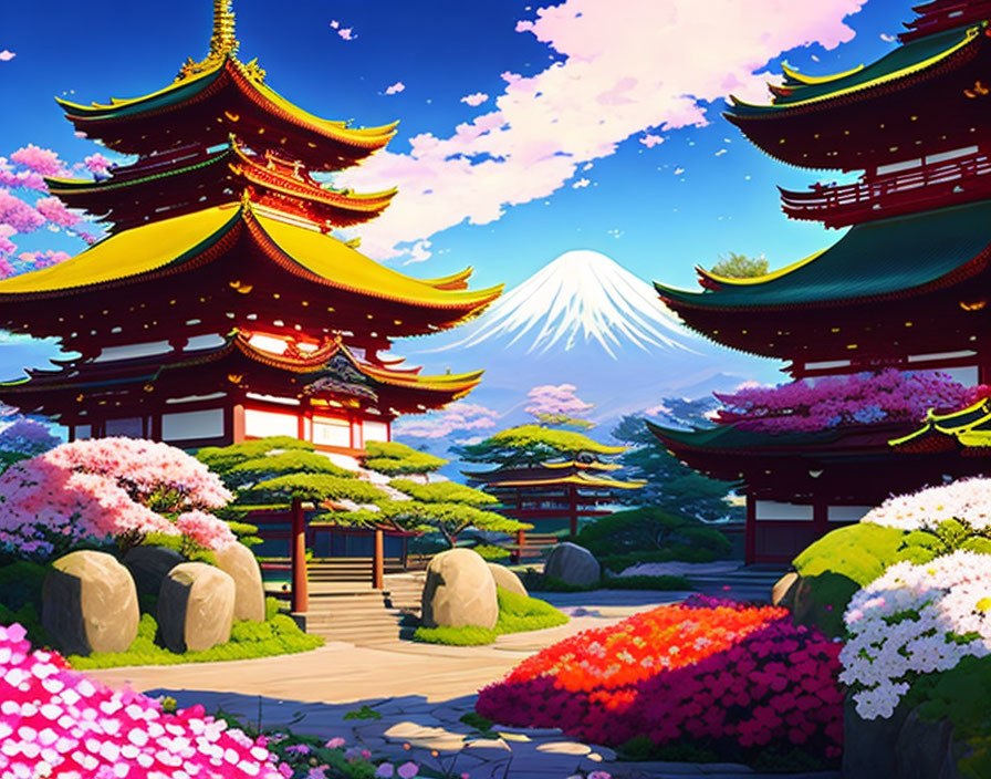 Traditional Japanese Pagoda with Colorful Gardens and Mount Fuji in Background