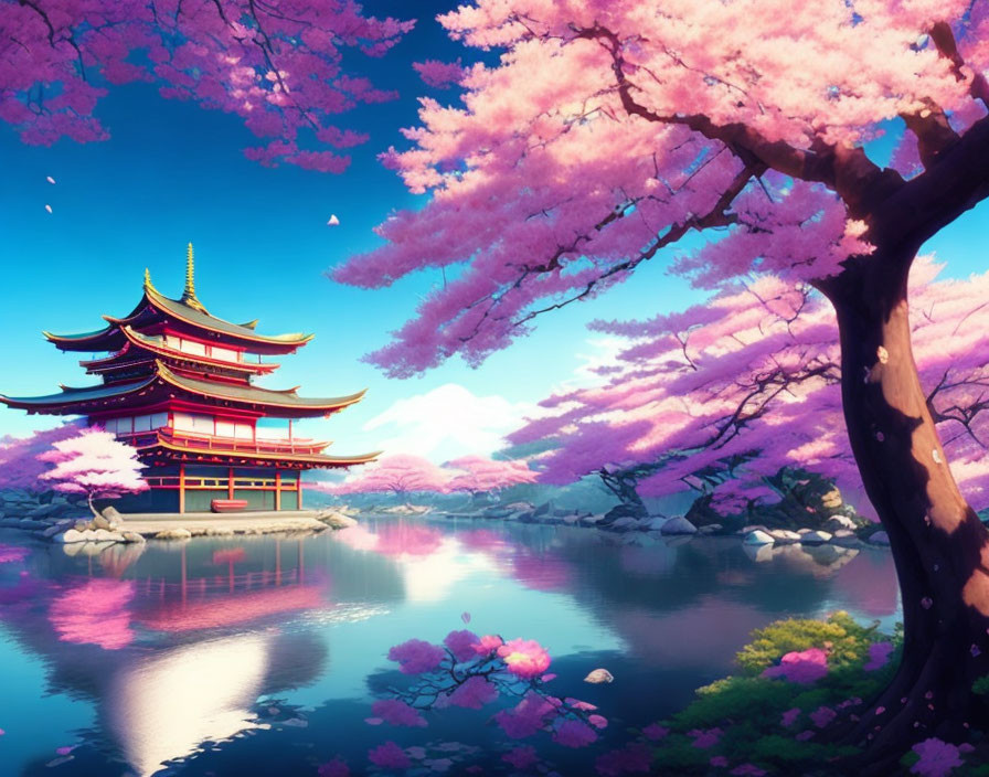 Traditional red pagoda by still pond with cherry blossoms under blue sky