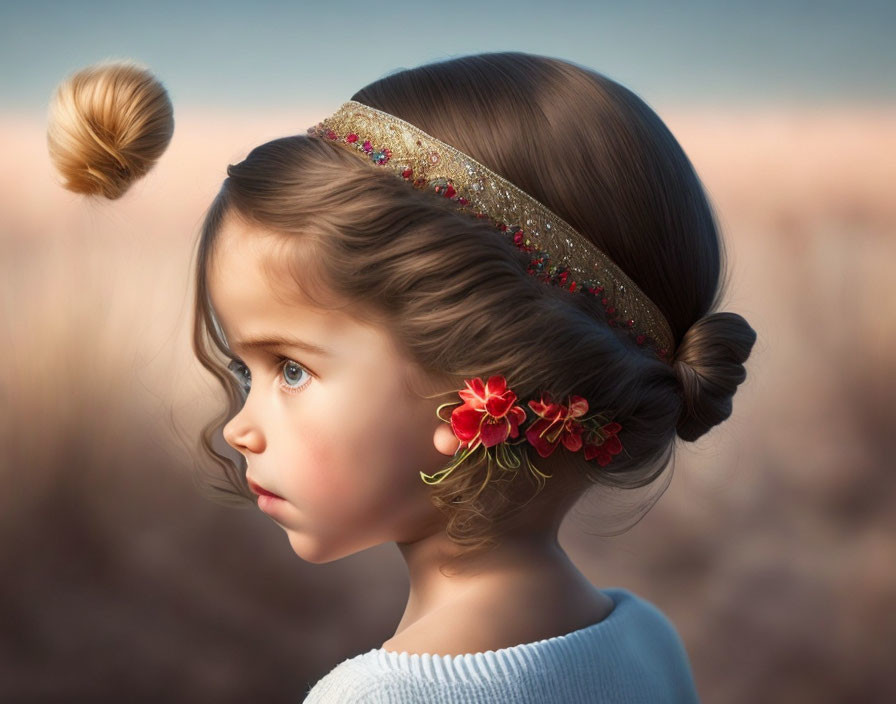 Profile of young girl with detailed hairstyle and headband against soft background