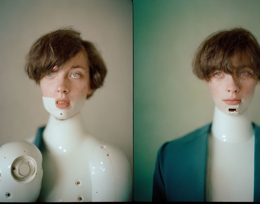 Diptych featuring young person and humanoid robot with similar features